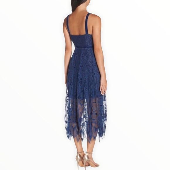 Foxiedox Blue Maisie Lace Velvet Trim Midi Dress Sheer Overlay Sleeveless size 2 - Picture 2 of 14